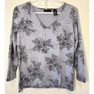 Apostrophe Stretch Women’s M Blue Black Floral V-Neck 3/4 Sleeve Knit Top